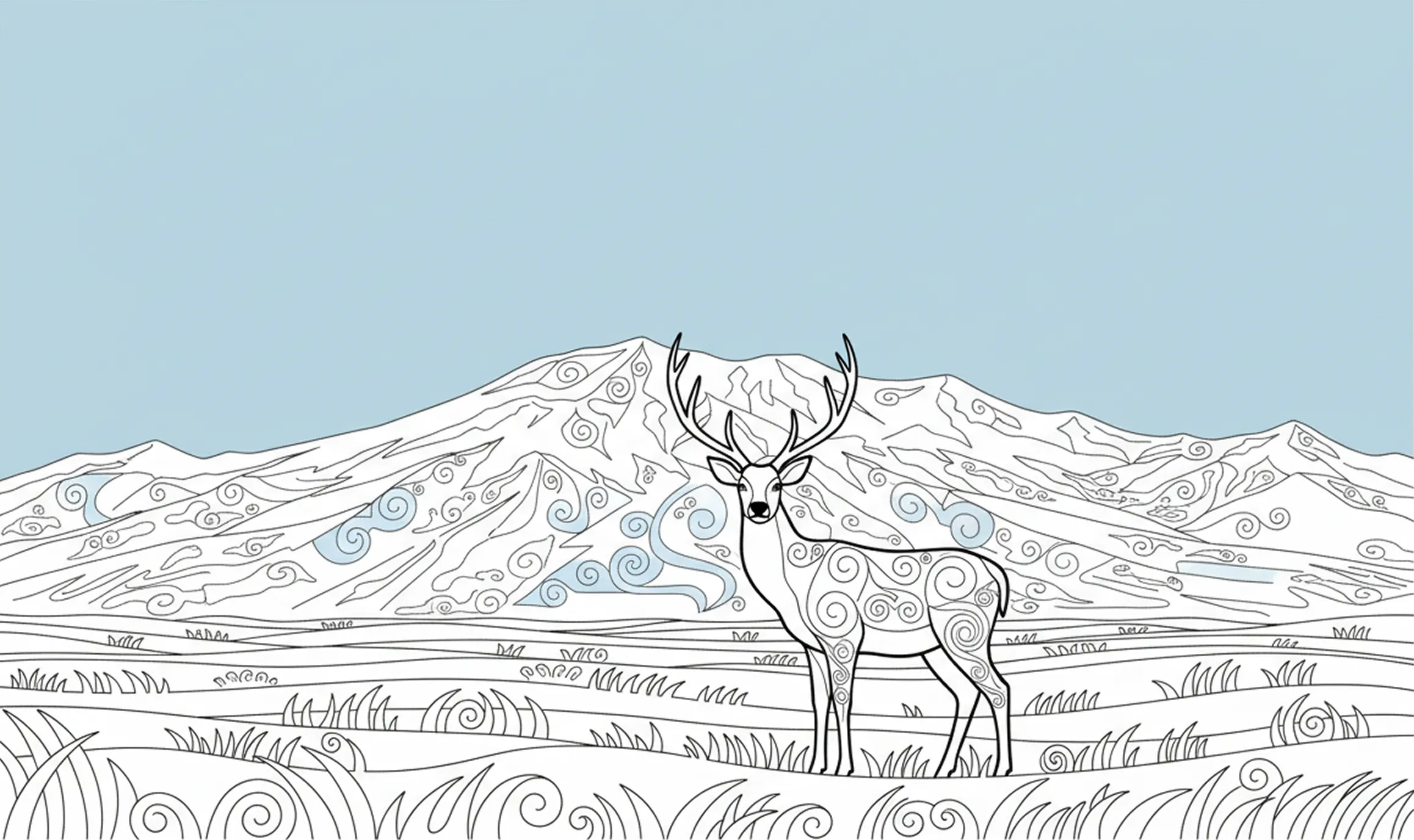 模様で装飾されたシカが、草原と山々を背景に立っている線画イラスト
