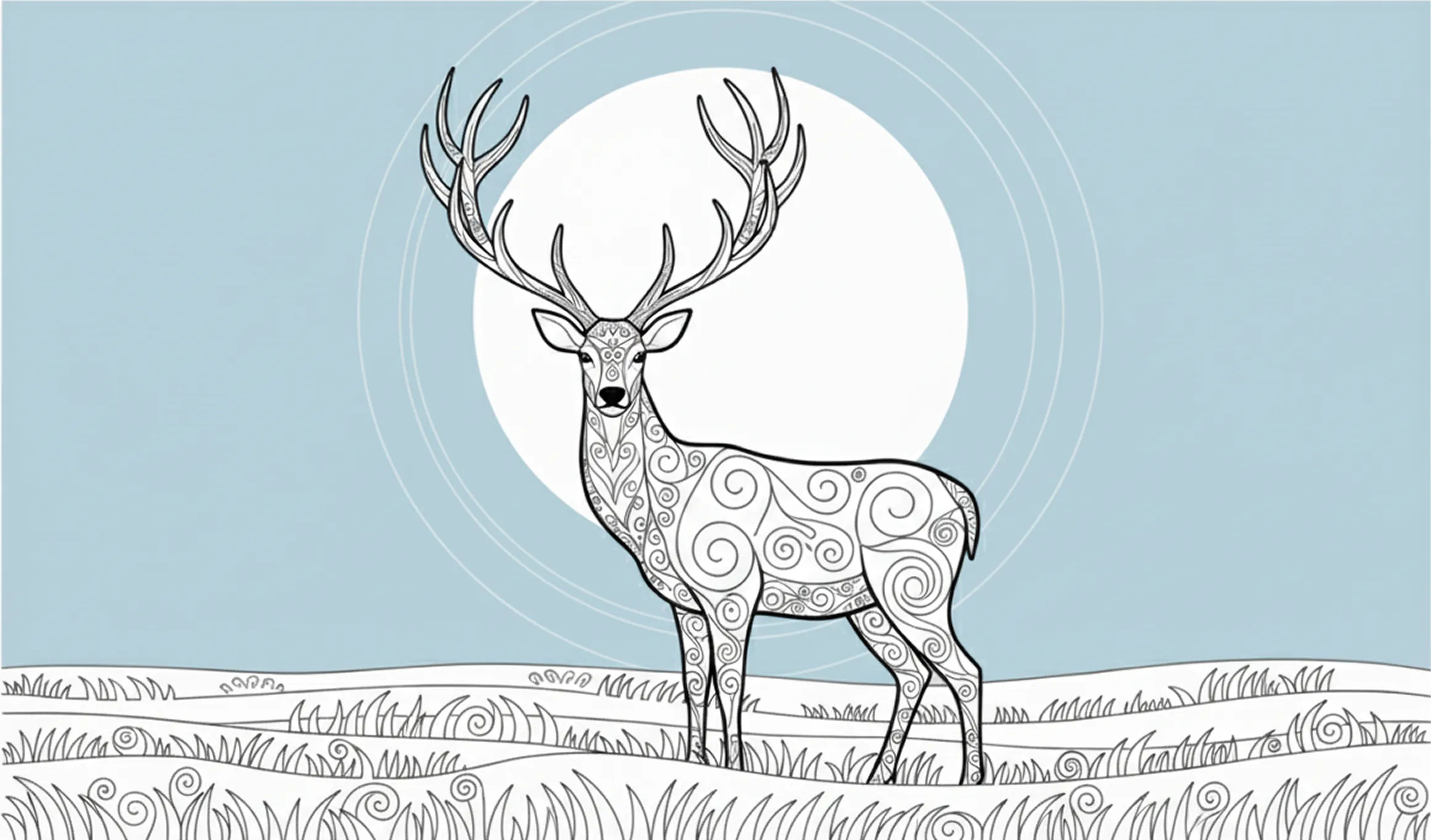 背景に大きな満月を背負い、装飾的な模様で描かれたシカが立っているイラスト